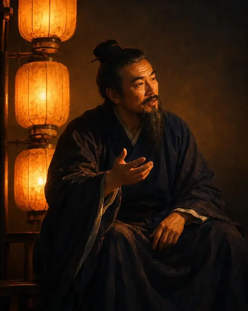 夜色灯火下说书人坐于叠灯之前的画像