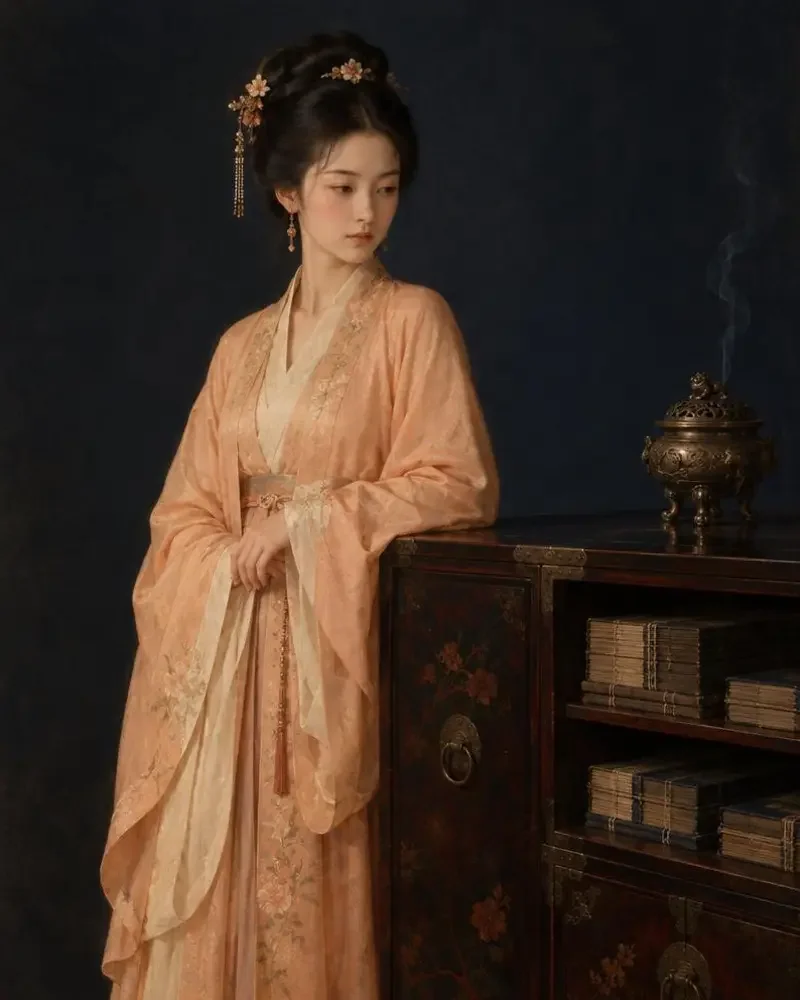 浅杏衣裳的女子立于账册柜旁，旁边香炉轻烟