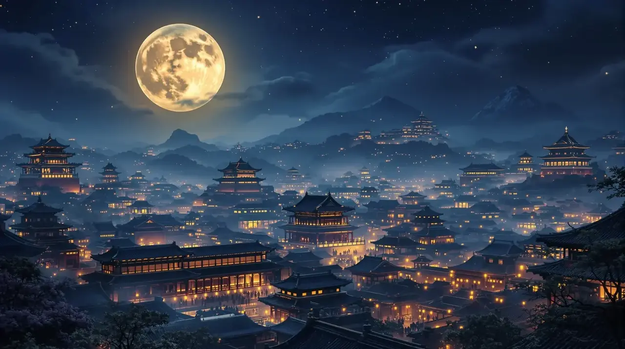 御街深夜层层叠叠的灯笼光影与行人剪影