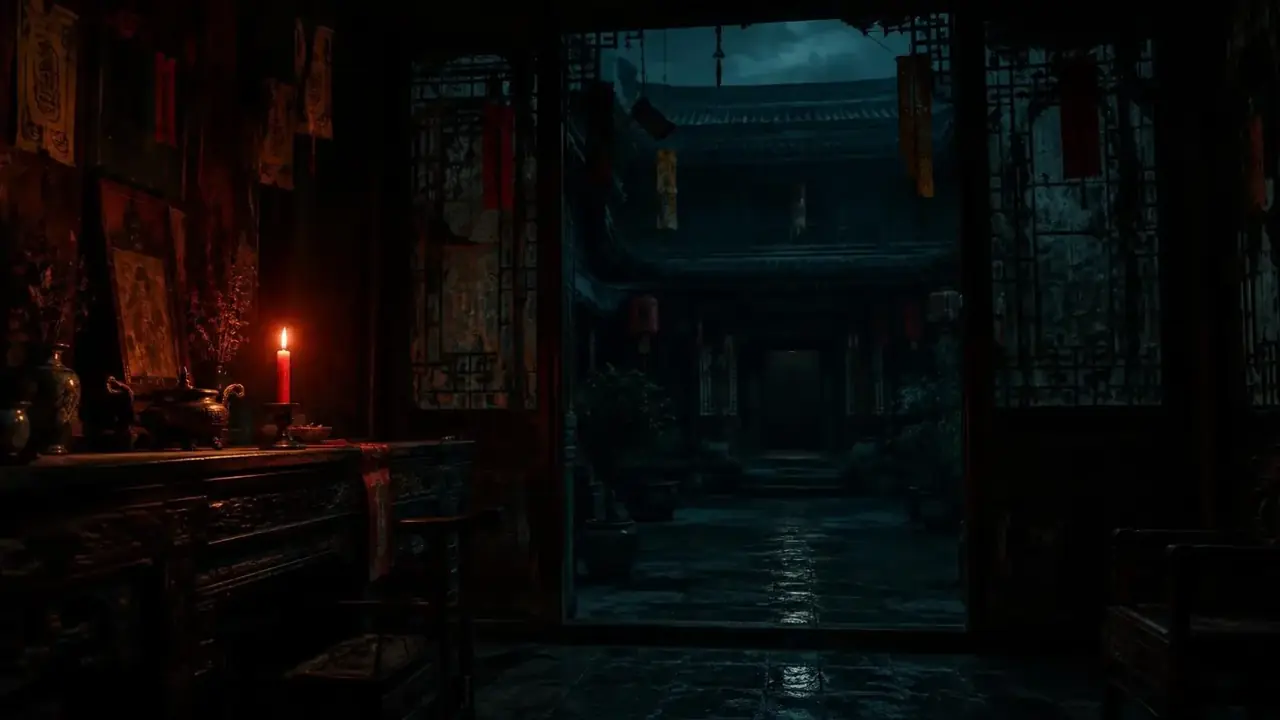 深蓝暮色下的金枝院落与放着蜡封书信的漆案